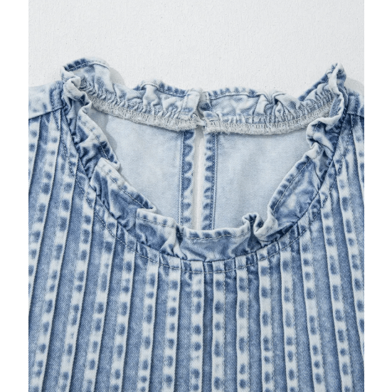 Maggie Beau Blue Ruffle Pleated Detail Vintage Washed Denim Top