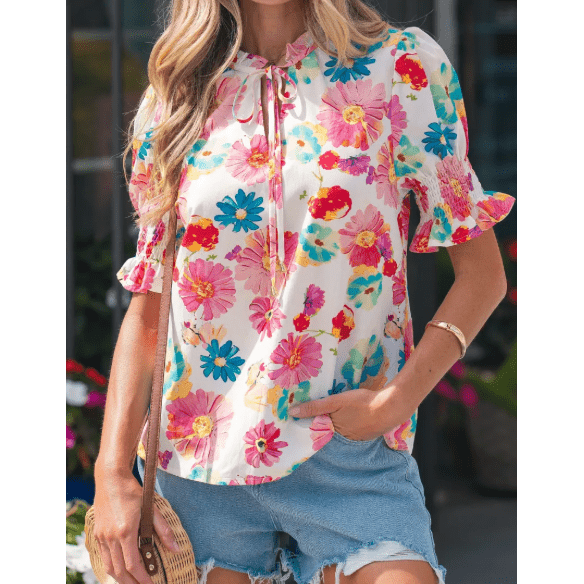 Carlotta Floral Tie V Neck Short Puff Sleeve Blouse