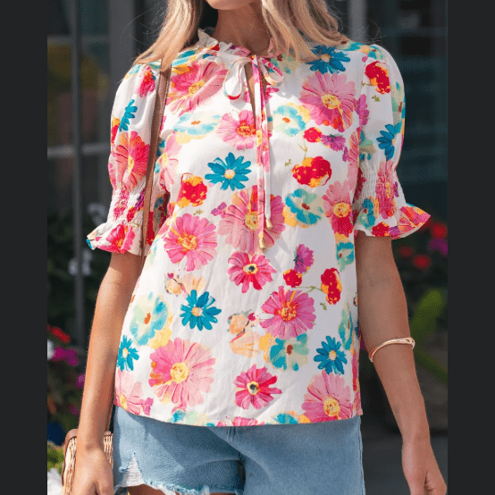 Carlotta Floral Tie V Neck Short Puff Sleeve Blouse