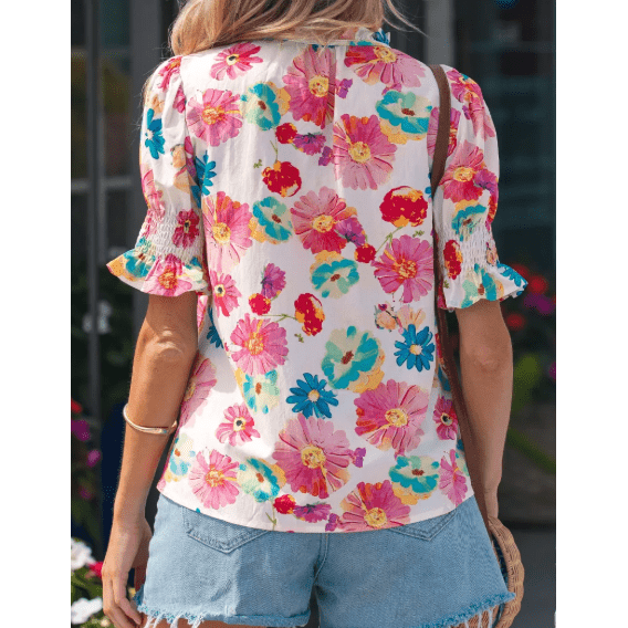 Carlotta Floral Tie V Neck Short Puff Sleeve Blouse