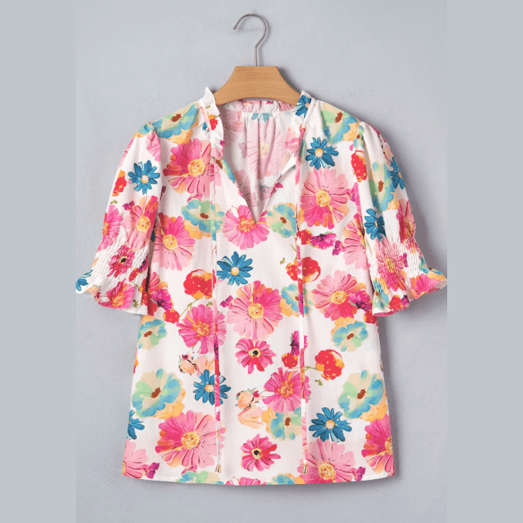 Carlotta Floral Tie V Neck Short Puff Sleeve Blouse