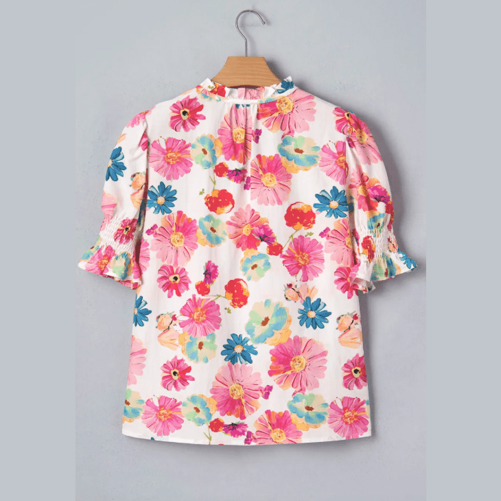 Carlotta Floral Tie V Neck Short Puff Sleeve Blouse
