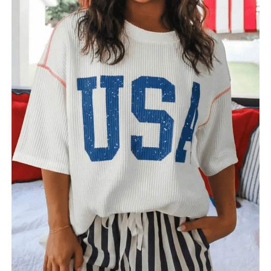 White USA Graphic Half Sleeve Loose Ribbed Top