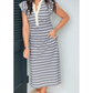 Luisa Blue Stripe Ruffled Short Sleeve Contrast Trim Button Notched Neck Midi Dress
