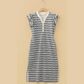 Luisa Blue Stripe Ruffled Short Sleeve Contrast Trim Button Notched Neck Midi Dress