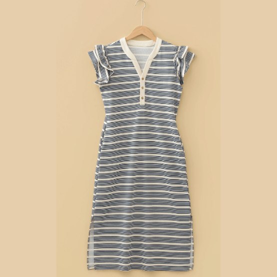 Luisa Blue Stripe Ruffled Short Sleeve Contrast Trim Button Notched Neck Midi Dress