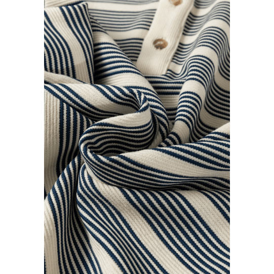 Luisa Blue Stripe Ruffled Short Sleeve Contrast Trim Button Notched Neck Midi Dress