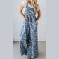 Nessa Blue Vintage Rose Printed Pleated Loose Denim Overall Jumpsuit