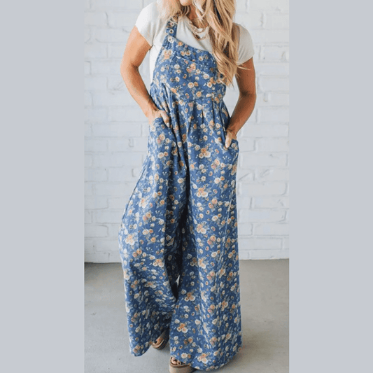 Nessa Blue Vintage Rose Printed Pleated Loose Denim Overall Jumpsuit
