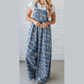 Nessa Blue Vintage Rose Printed Pleated Loose Denim Overall Jumpsuit