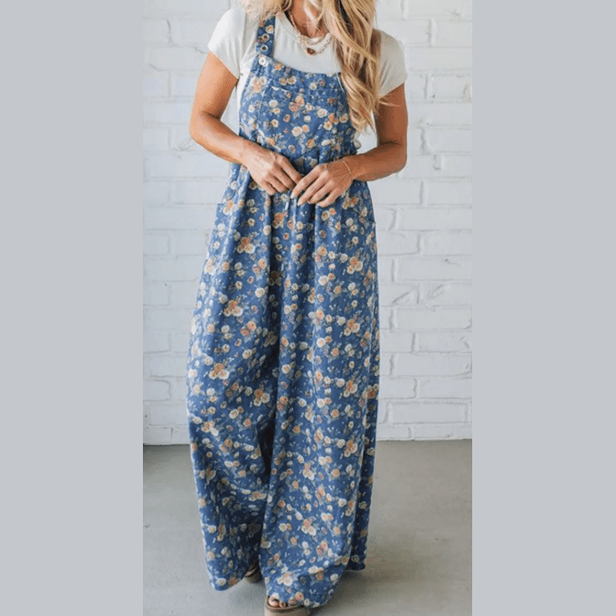Nessa Blue Vintage Rose Printed Pleated Loose Denim Overall Jumpsuit