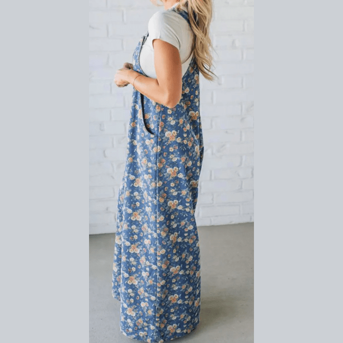 Nessa Blue Vintage Rose Printed Pleated Loose Denim Overall Jumpsuit