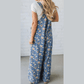 Nessa Blue Vintage Rose Printed Pleated Loose Denim Overall Jumpsuit