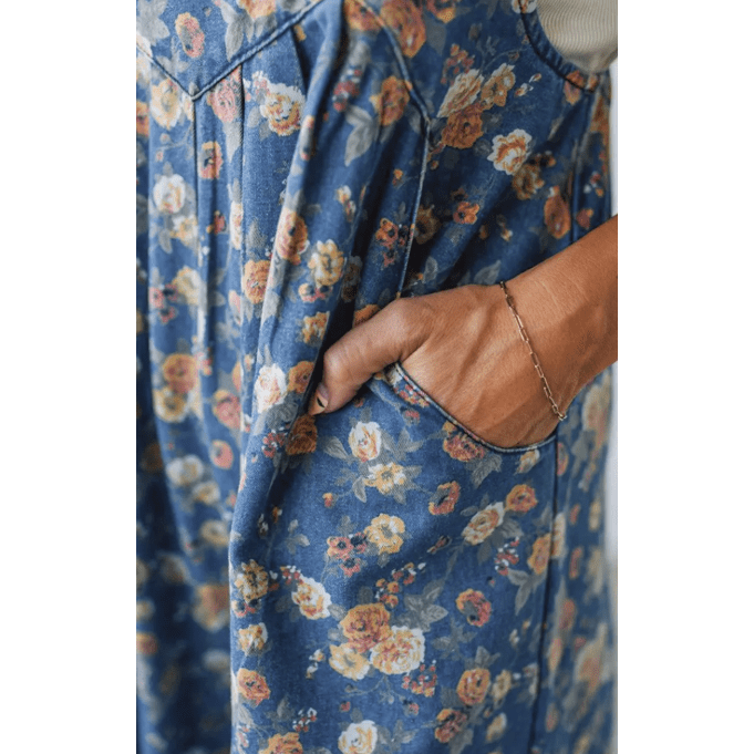 Nessa Blue Vintage Rose Printed Pleated Loose Denim Overall Jumpsuit