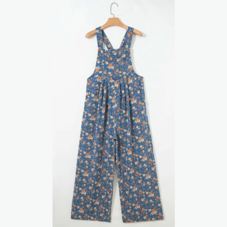 Nessa Blue Vintage Rose Printed Pleated Loose Denim Overall Jumpsuit