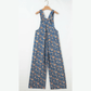 Nessa Blue Vintage Rose Printed Pleated Loose Denim Overall Jumpsuit