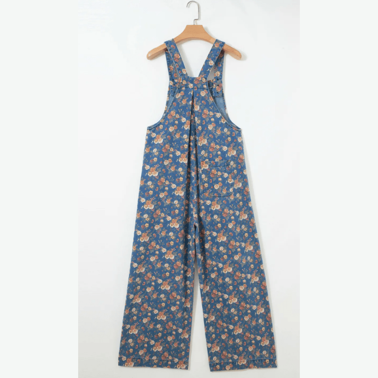 Nessa Blue Vintage Rose Printed Pleated Loose Denim Overall Jumpsuit