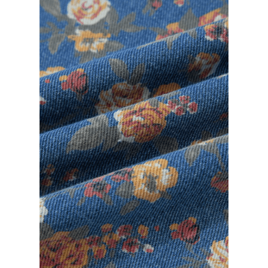Nessa Blue Vintage Rose Printed Pleated Loose Denim Overall Jumpsuit