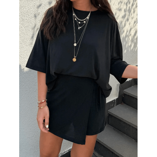Kat Black Oversize Tee Tie Wrap Mini Skort 2pcs Set