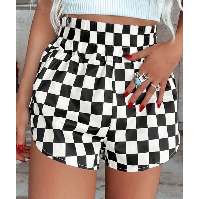 Abney Black Checkered Print High Waist Casual Shorts
