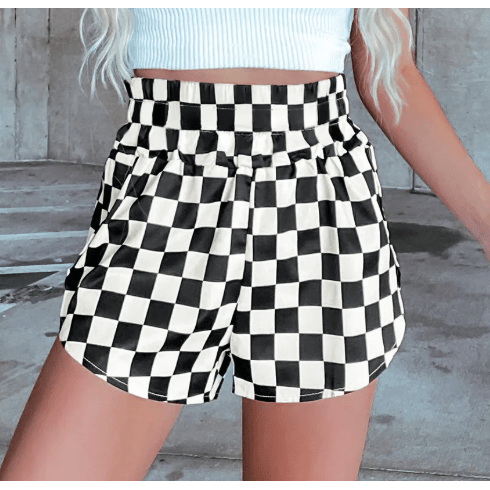 Abney Black Checkered Print High Waist Casual Shorts