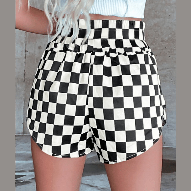 Abney Black Checkered Print High Waist Casual Shorts