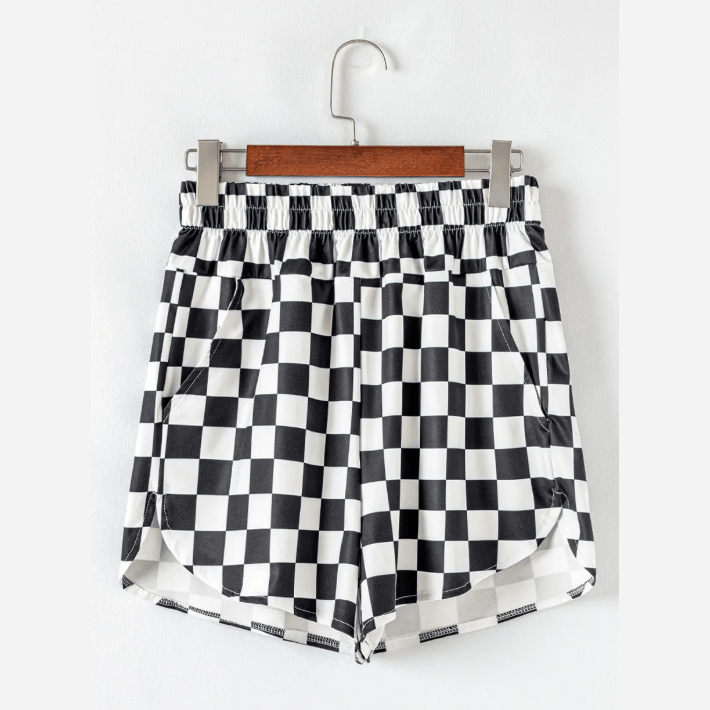 Abney Black Checkered Print High Waist Casual Shorts