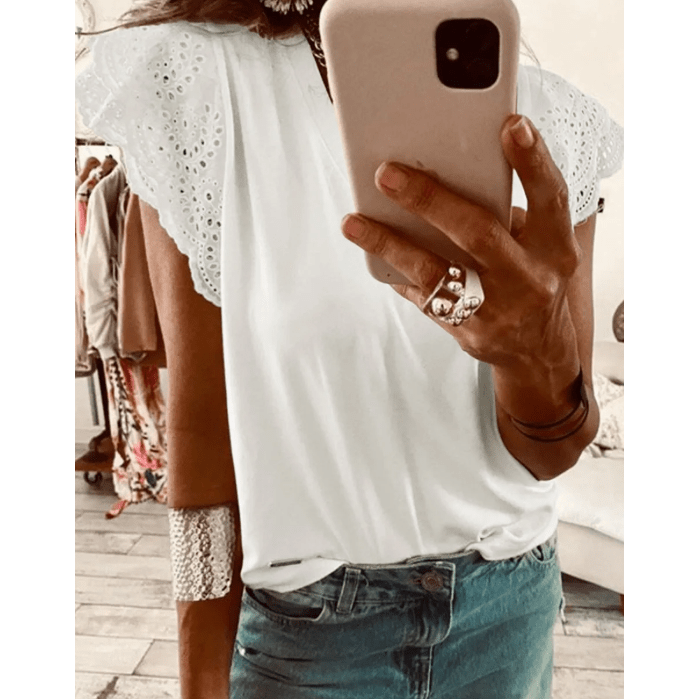 Payson Eyelet Embroidered Flutter Sleeve Patchwork V Neck Tee