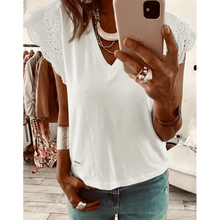 Payson Eyelet Embroidered Flutter Sleeve Patchwork V Neck Tee