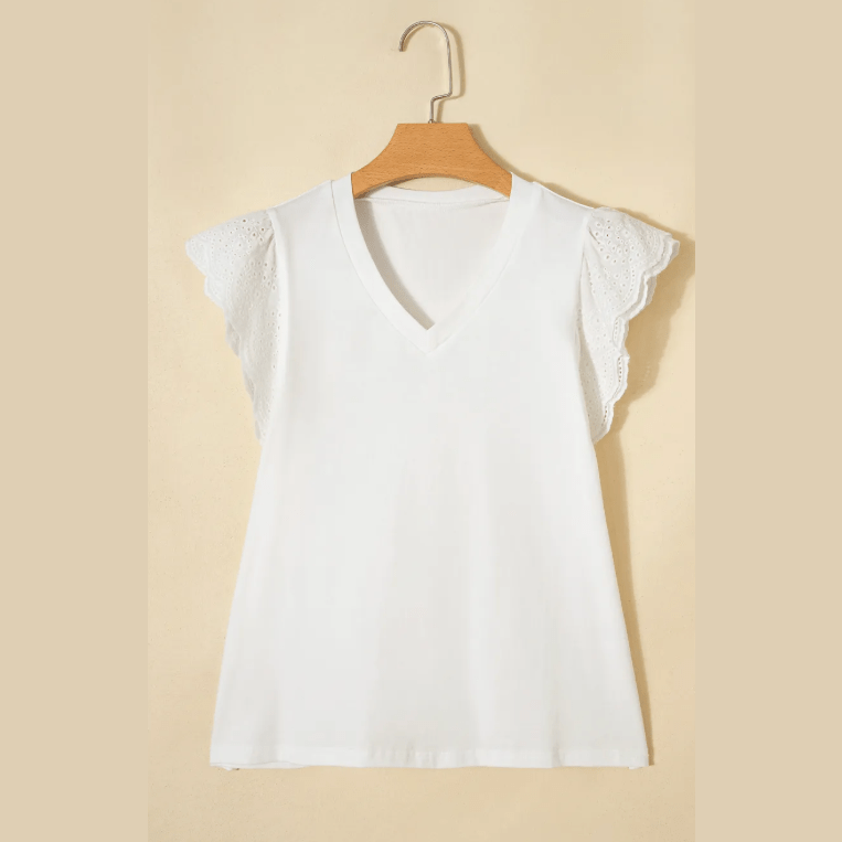 Payson Eyelet Embroidered Flutter Sleeve Patchwork V Neck Tee