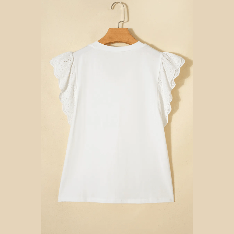 Payson Eyelet Embroidered Flutter Sleeve Patchwork V Neck Tee