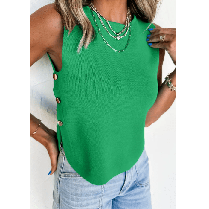 Elsbeth Bright Green Side Button Round Neck Knit Sleeveless Sweater