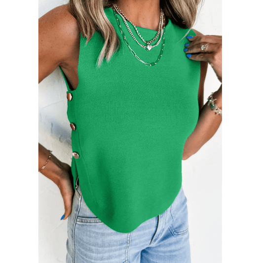 Elsbeth Bright Green Side Button Round Neck Knit Sleeveless Sweater
