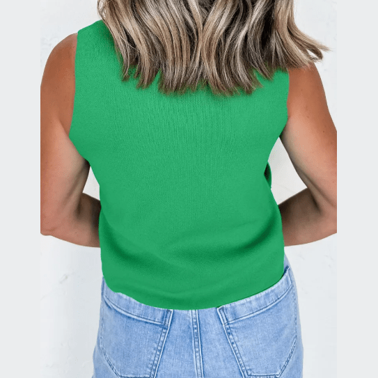 Elsbeth Bright Green Side Button Round Neck Knit Sleeveless Sweater