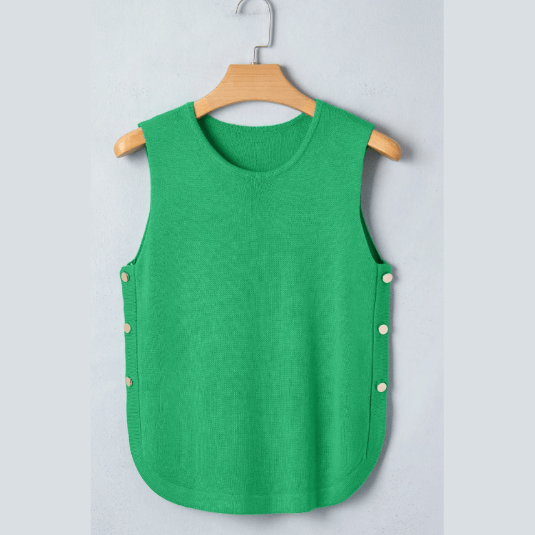 Elsbeth Bright Green Side Button Round Neck Knit Sleeveless Sweater