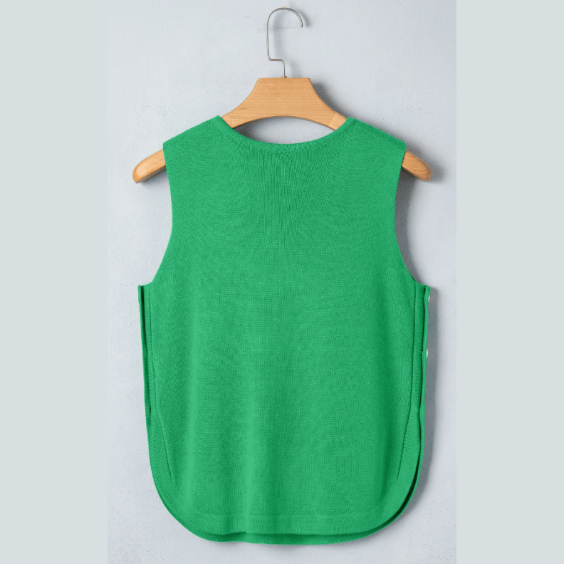 Elsbeth Bright Green Side Button Round Neck Knit Sleeveless Sweater