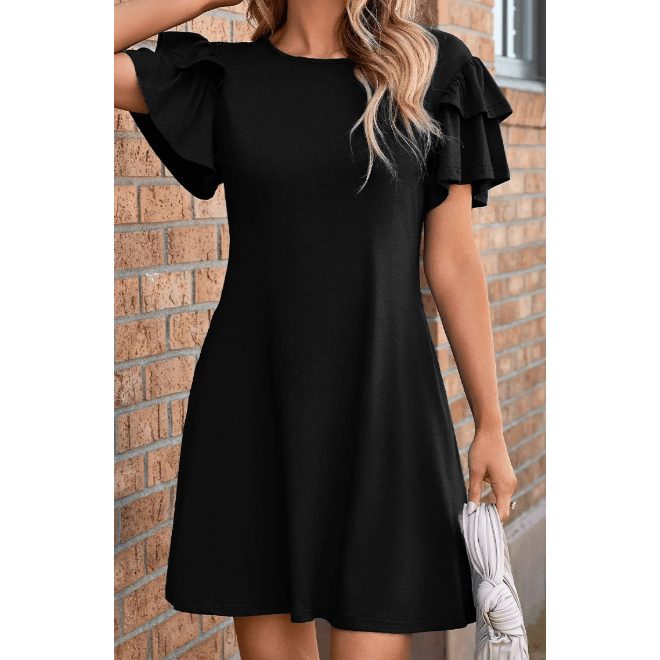 Oaklee Black Round Neck Double Ruffle Short Sleeve Dress