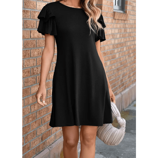 Oaklee Black Round Neck Double Ruffle Short Sleeve Dress