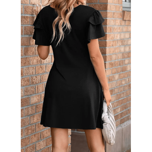 Oaklee Black Round Neck Double Ruffle Short Sleeve Dress