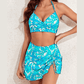 Keelyn Sky Blue Floral Crossover Tie Back Halter Bikini with Swim Bottoms