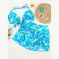 Keelyn Sky Blue Floral Crossover Tie Back Halter Bikini with Swim Bottoms