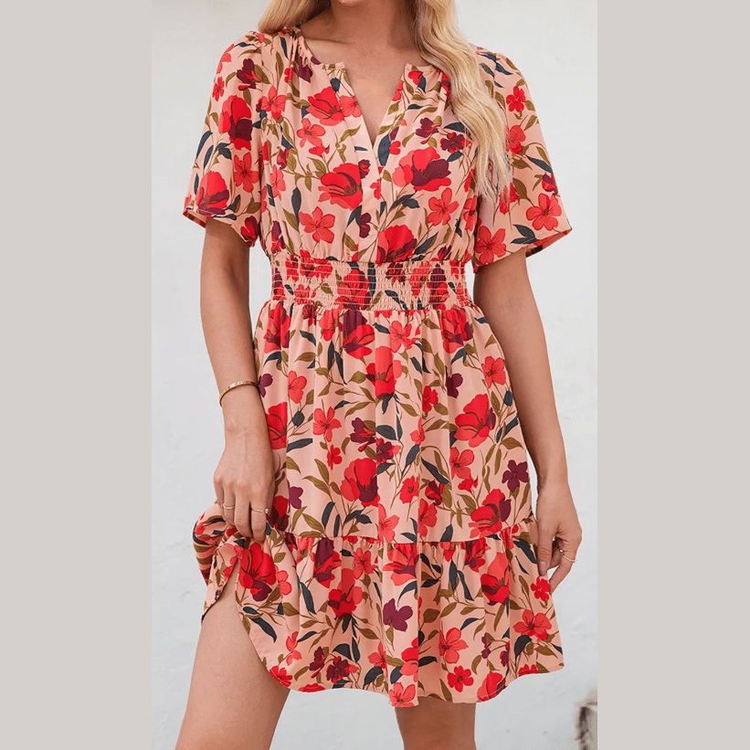 Anne Red Print Wrap V Neck Short Sleeve High Waistband Mini Dress