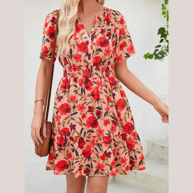 Anne Red Print Wrap V Neck Short Sleeve High Waistband Mini Dress
