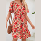 Anne Red Print Wrap V Neck Short Sleeve High Waistband Mini Dress