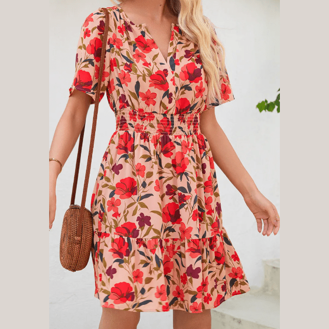 Anne Red Print Wrap V Neck Short Sleeve High Waistband Mini Dress