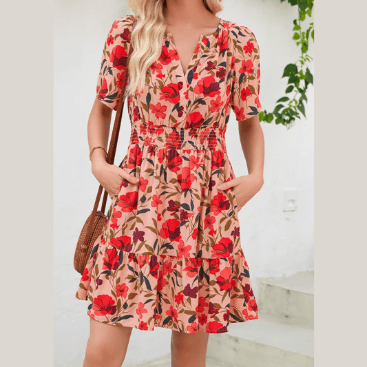 Anne Red Print Wrap V Neck Short Sleeve High Waistband Mini Dress