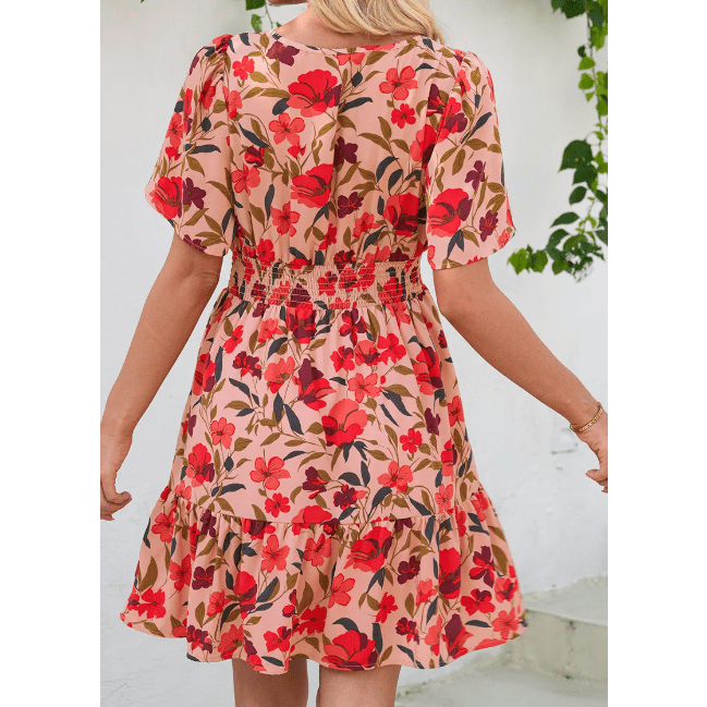 Anne Red Print Wrap V Neck Short Sleeve High Waistband Mini Dress