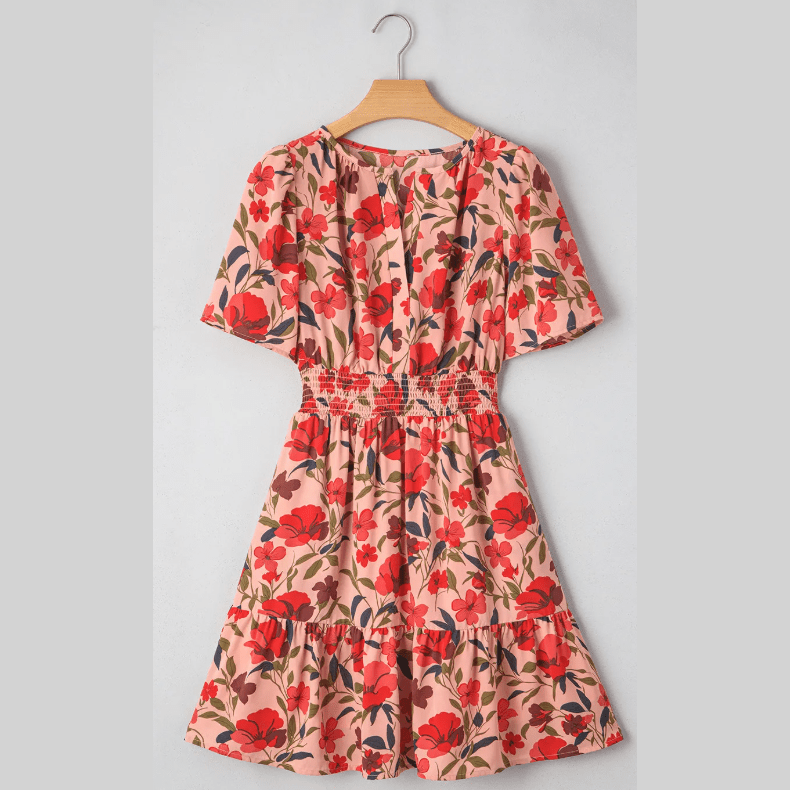 Anne Red Print Wrap V Neck Short Sleeve High Waistband Mini Dress
