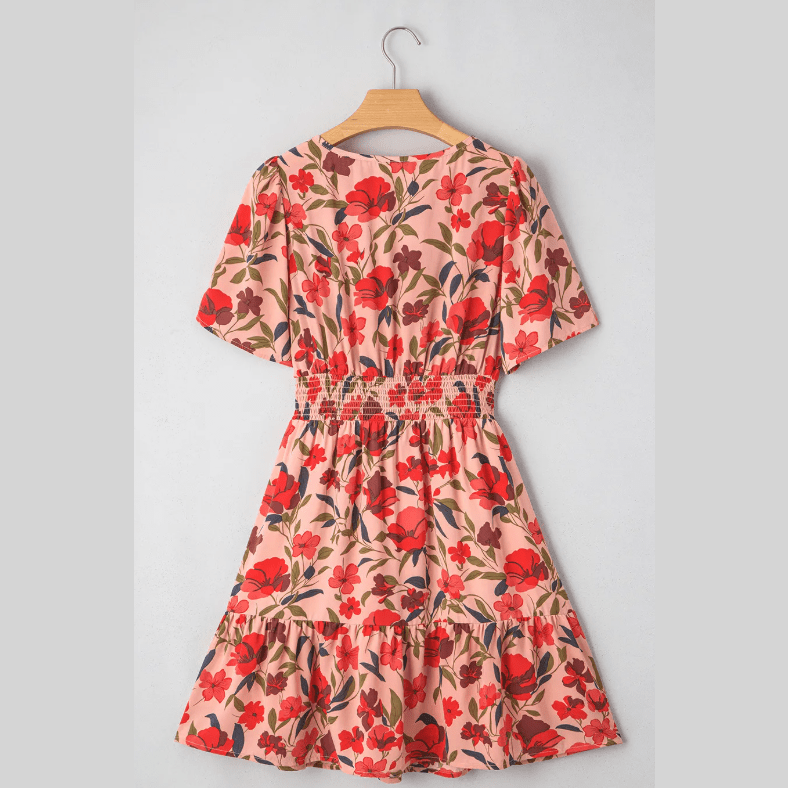 Anne Red Print Wrap V Neck Short Sleeve High Waistband Mini Dress