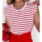 Lona Red Stripe Textured Knit Button Detail Short Sleeve Casual Tee